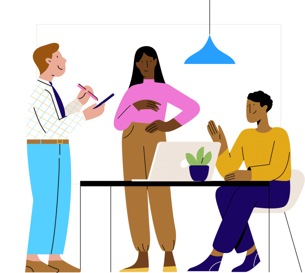 Three diverse colleagues collaborate in a modern office, with a man taking notes, a woman standing at a desk with a potted plant, and another person seated wearing yellow.