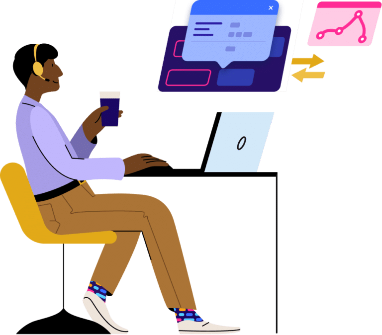 A customer service representative wearing headphones sits at a desk with a laptop while managing multiple communication channels including a smartphone, desktop interface, and analytics