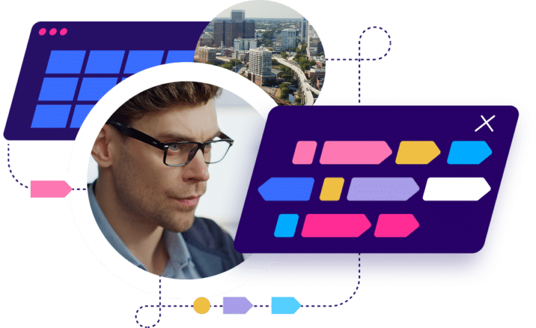 Professional man wearing glasses with an urban cityscape backdrop, surrounded by colorful digital interface elements and task management icons representing productivity and workflow organization.