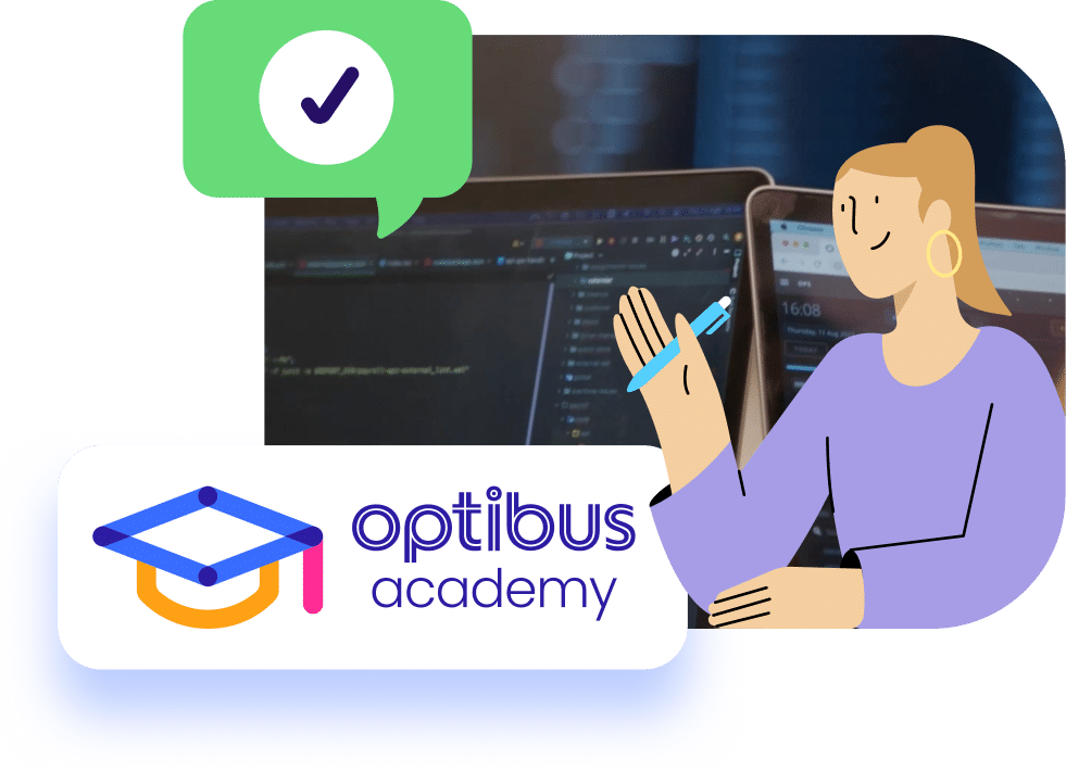 Optibus Academy illustration features a female developer at a computer with a checkmark approval icon, representing successful coding and online learning platform completion.