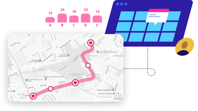 Interactive route planning interface displaying a pink path across a city map with five labeled waypoints (A-E) ranked by distance metrics, alongside a calendar scheduler and user profile icon.