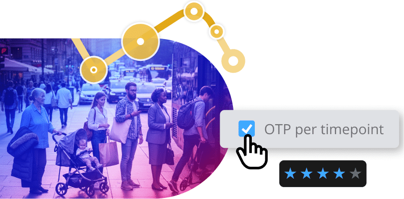 OTP per timepoint interface showing a network diagram with connected nodes overlaid on a busy urban street scene, rated 4 out of 5 stars.