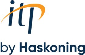 The ITP by Haskoning logo features dark blue letters with an orange curved swoosh accent above, representing a professional engineering and consulting firm's branding.