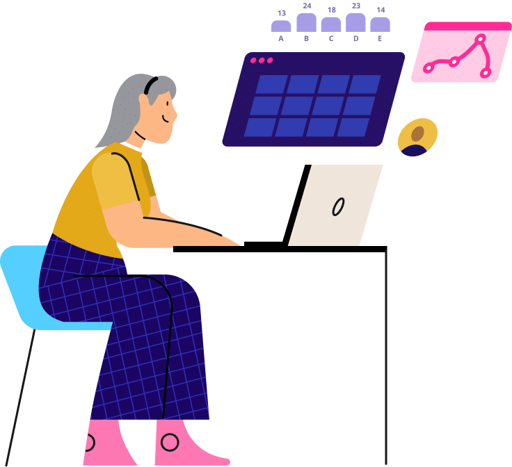 Woman working at desk with laptop, monitoring data analytics dashboard and performance metrics on multiple screens displaying charts and statistics.
