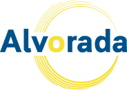 Alvorada logo features bold blue text with a yellow "o" and a circular yellow swoosh design, creating a modern and dynamic brand identity.