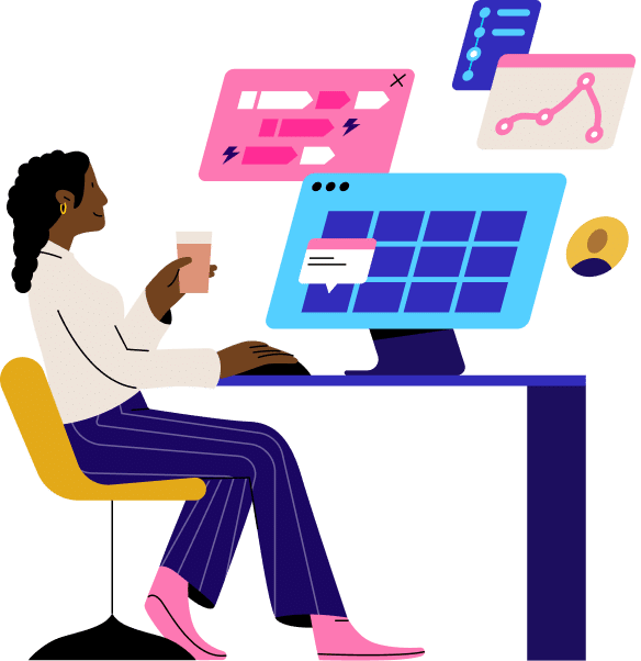 A woman sits at her desk working on a computer while holding a coffee cup, surrounded by digital interface elements representing productivity apps, analytics dashboards, and project management