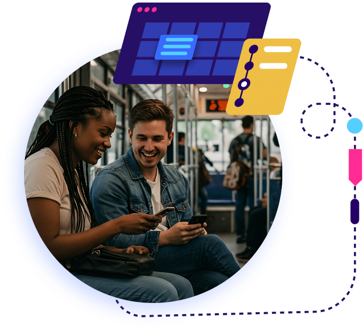 Two young people smile while using mobile devices on public transit, with digital interface icons floating above representing app management and task organization tools.