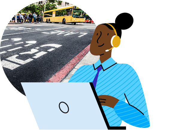 A woman wearing headphones works on a laptop while commuting, with a yellow bus and city street visible in the background above her.