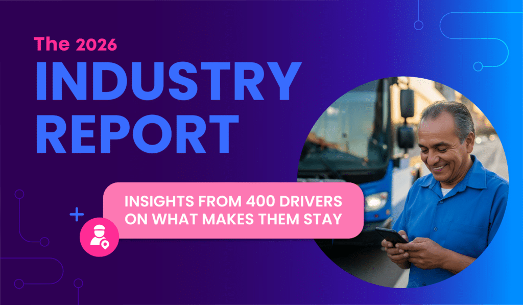 The 2026 Industry Report presents insights from 400 drivers on driver retention factors, featuring a professional in blue uniform examining a mobile device.