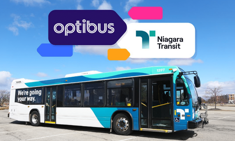 Optibus and Niagara Transit partnership announcement featuring a blue and white transit bus with "We're going your way" tagline against a clear sky background.