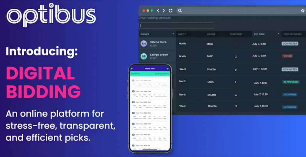 Optibus introduces Digital Bidding, an online platform featuring a driver scheduling interface with bid status tracking, depot assignments, and real-time progress updates for efficient