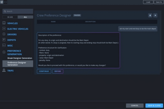 Crew Preference Designer interface displaying preference structure with main depot designation options and configuration settings for logistics route planning in a transportation management