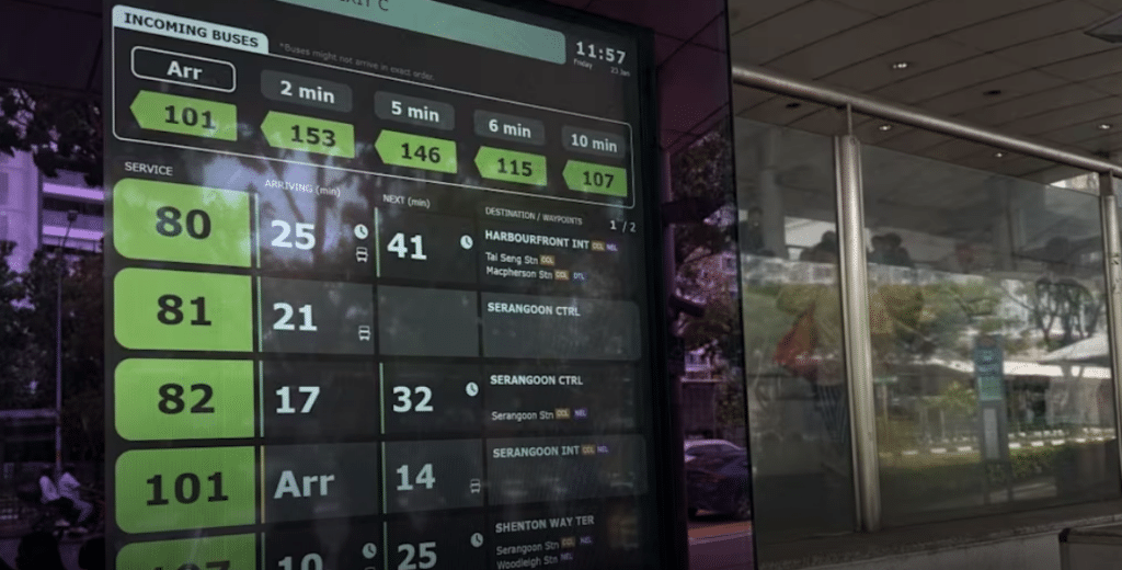 Digital bus arrival display shows incoming buses at Arrival hall, with routes 101, 153, and 146 arriving within 2-6 minutes, alongside service schedules for routes 80, 81, 82 displaying