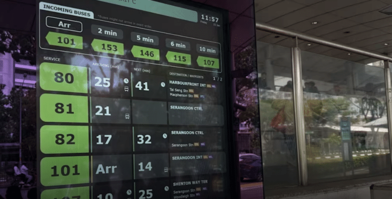 Digital bus arrival display shows incoming buses at Arrival hall, with routes 101, 153, and 146 arriving within 2-6 minutes, alongside service schedules for routes 80, 81, 82 displaying