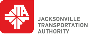 Jacksonville Transportation Authority logo featuring a red square with white starburst design and gray text identifying the transit agency serving Jacksonville.