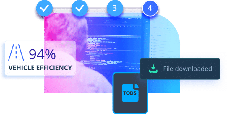 A digital workflow interface displaying vehicle efficiency metrics at 94%, with a four-step progress tracker and a completed file download notification for TODS software.