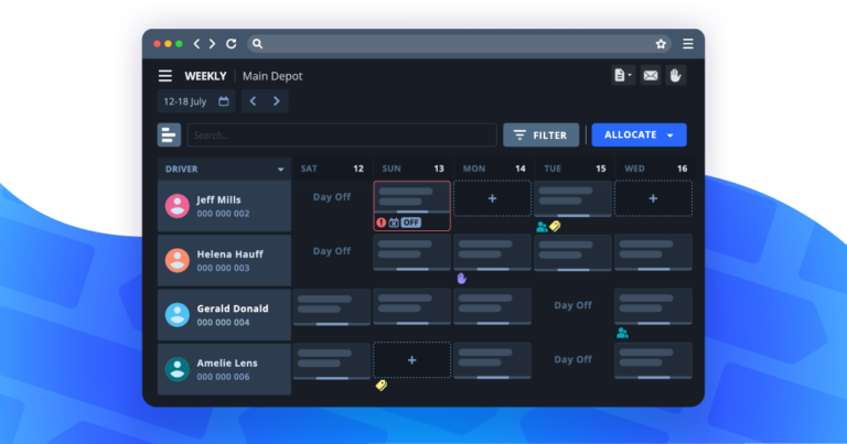 Weekly driver scheduling dashboard for Main Depot showing July 12-18, with four drivers and their shift assignments across days, featuring day-off indicators and allocation controls.