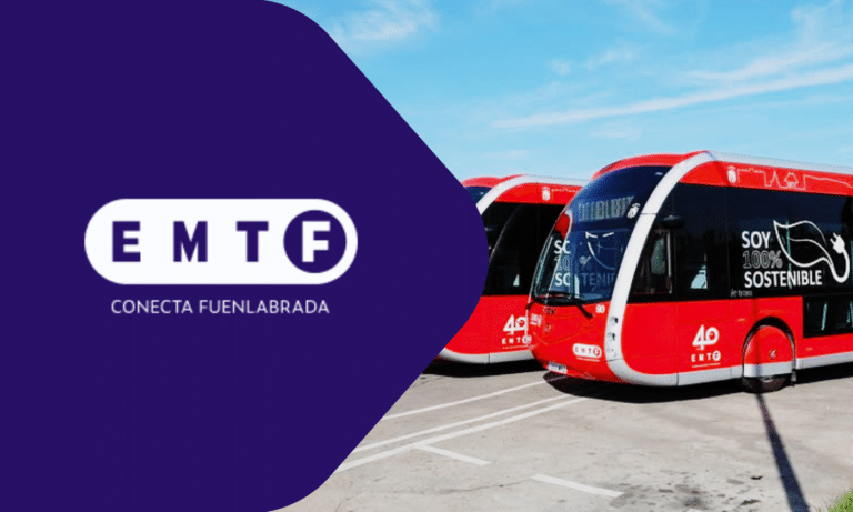 EMTF Conecta Fuenlabrada operates modern red and white trams, featuring sustainable "100% sostenible" branding, showcasing the city's eco-friendly public transportation system.