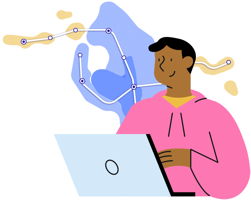 A professional man in a pink hoodie works at his laptop while a blue network diagram with connected nodes and golden nodes floats behind him, symbolizing data connectivity and digital