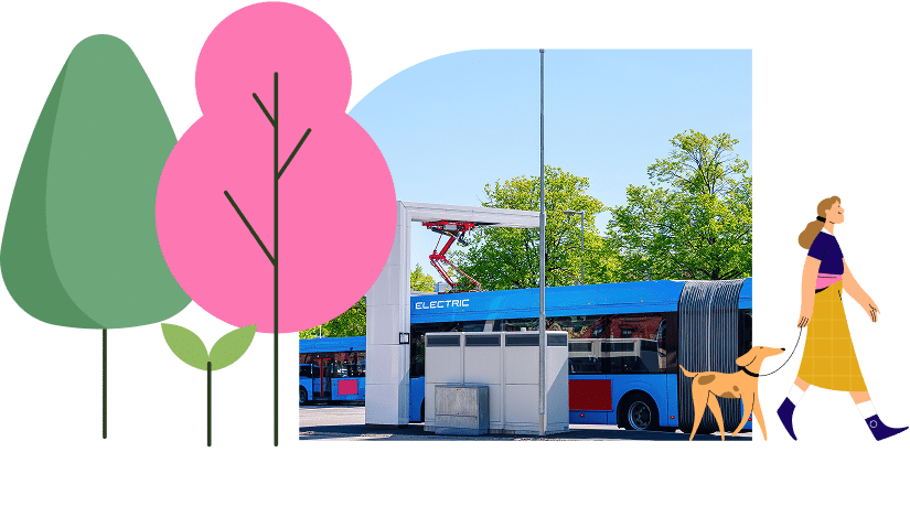 Woman walking with dog past an electric bus station, with stylized trees and blue sky illustrated in the background.
