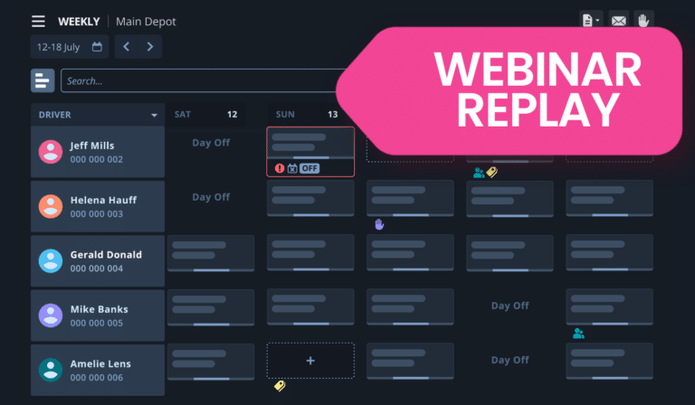 Weekly schedule for Main Depot showing drivers' shifts from July 12-18, with Jeff Mills, Helena Hauff, Gerald Donald, Mike Banks, and Amelie Lens listed. A pink webinar replay banner appears in