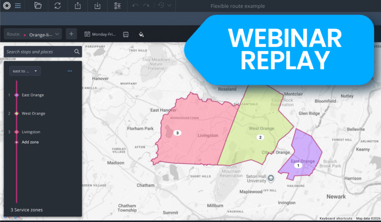 Route planning interface displaying three service zones in Orange, with a webinar replay banner overlaid on a map showing East Orange, West Orange, and Livingston delivery areas color-coded in