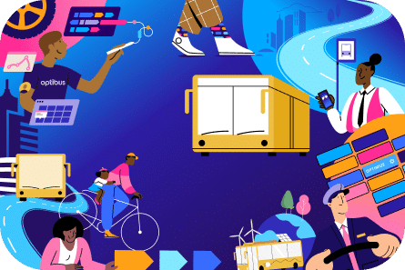 Vibrant illustration of diverse logistics and supply chain workers managing packages, bicycles, and cargo containers in a dynamic blue environment representing modern commerce and delivery