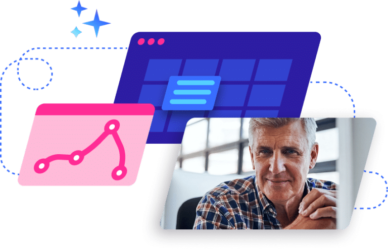 Professional man in checkered shirt displayed alongside digital interface icons showing analytics graphs and dashboard elements, representing business technology and data management solutions.
