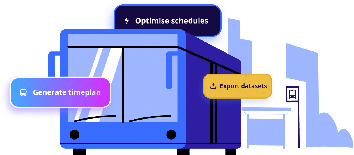 An illustration of a blue bus with three labeled features: Generate timeplan, Optimise schedules, and Export datasets, representing transit management software capabilities.