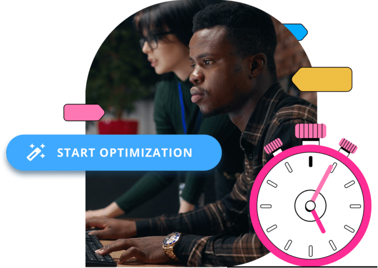 Two developers optimize code at a laptop while a pink clock shows time management. Colorful UI elements and a "Start Optimization" button highlight software development and efficiency themes.