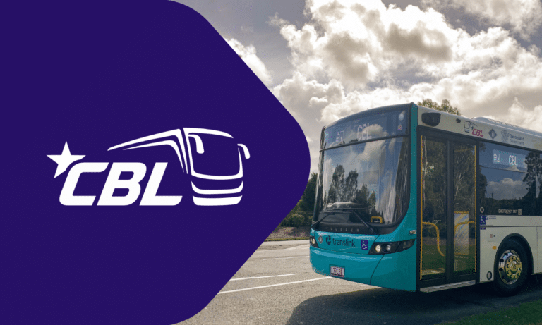 CBL public transport bus featuring turquoise and black livery, displayed against purple branding logo with white star. Modern transit vehicle parked outdoors.