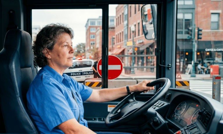 Professional bus driver in blue uniform operates large vehicle through urban street, with red brick buildings and police vehicle visible through windshield.