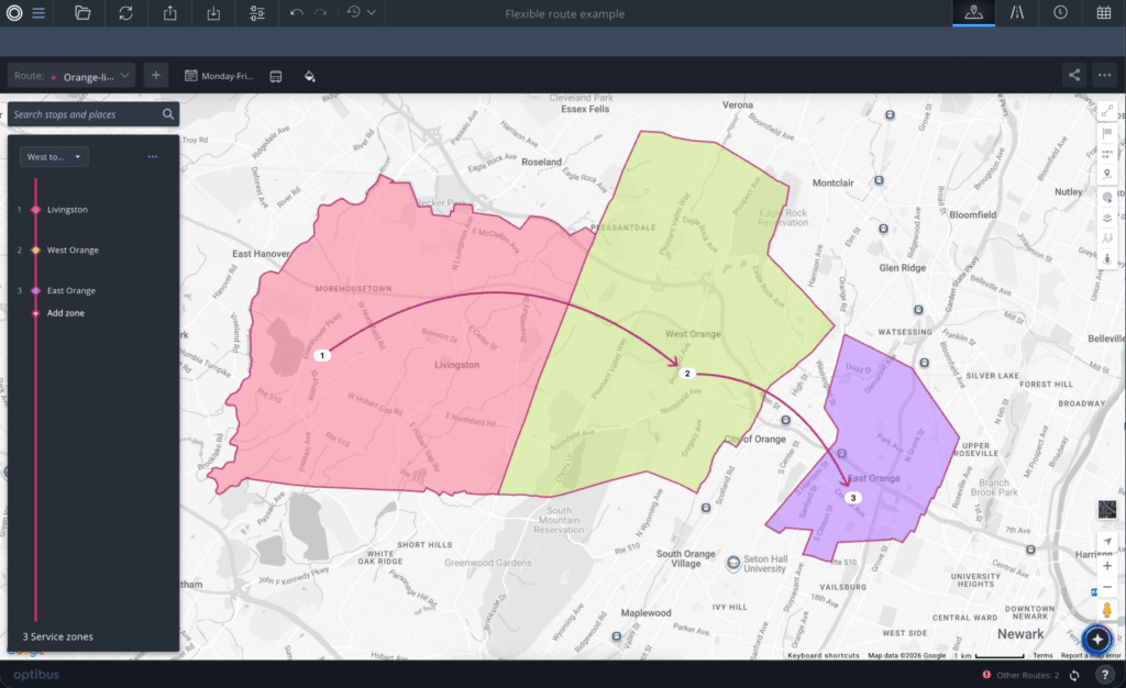 Interactive map displaying a flexible delivery route across three Orange, New Jersey service zones: Livingston, West Orange, and East Orange, each color-coded in pink, green, and purple