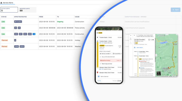 Transit service alerts dashboard displaying 5 active and 99 archived alerts, with route disruptions from construction, police activity, and weather affecting multiple bus lines on September 9