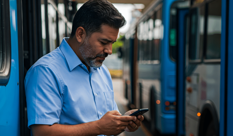 A bearded man in a light blue shirt checks his smartphone while standing beside blue buses in an urban transport depot setting.