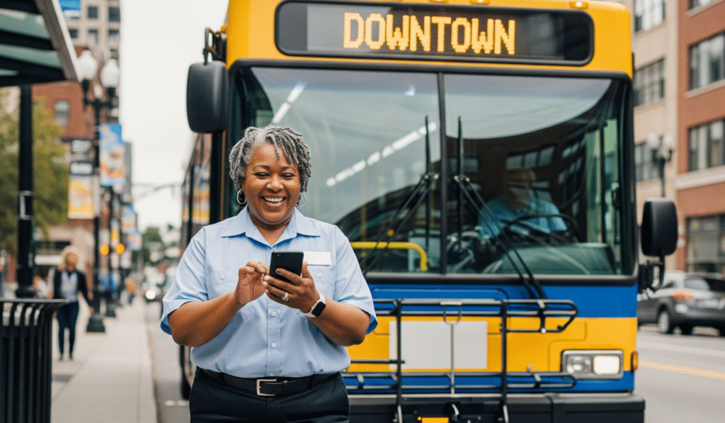 Female bus driver in light blue uniform smiles while holding smartphone in front of yellow and blue downtown transit bus on urban street.