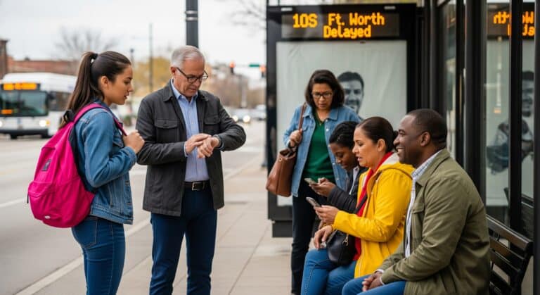 Group of diverse people wait at a bus stop during a delayed transit, checking phones and conversing while standing under a shelter with a digital display.
