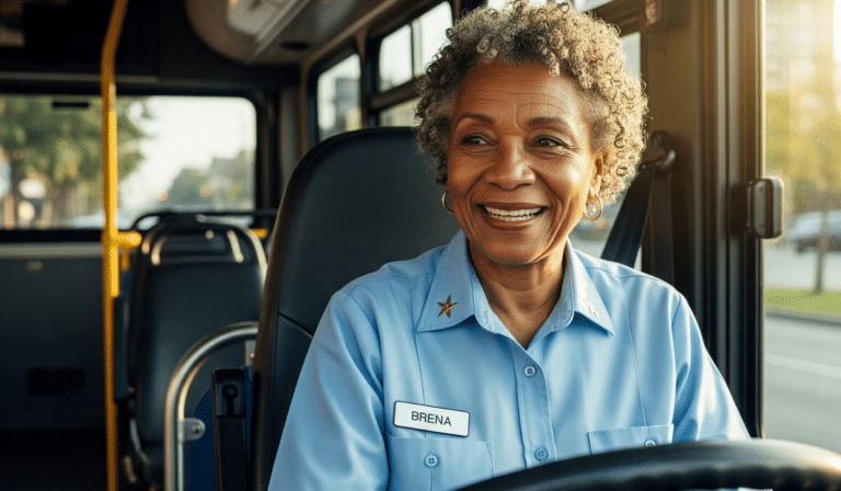 Friendly bus driver Brena smiles warmly at the camera while seated in the driver's seat of a public transit bus, wearing a light blue uniform with a star insignia and name badge.