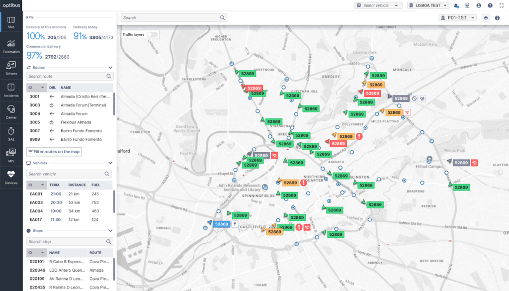 Real-time fleet management dashboard showing vehicle locations across Birmingham, with route information, delivery metrics displaying 100% completion rate, and multiple buses tracked via GPS