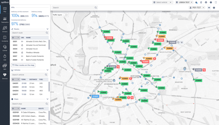 Real-time fleet management dashboard showing vehicle locations across Birmingham, with route information, delivery metrics displaying 100% completion rate, and multiple buses tracked via GPS