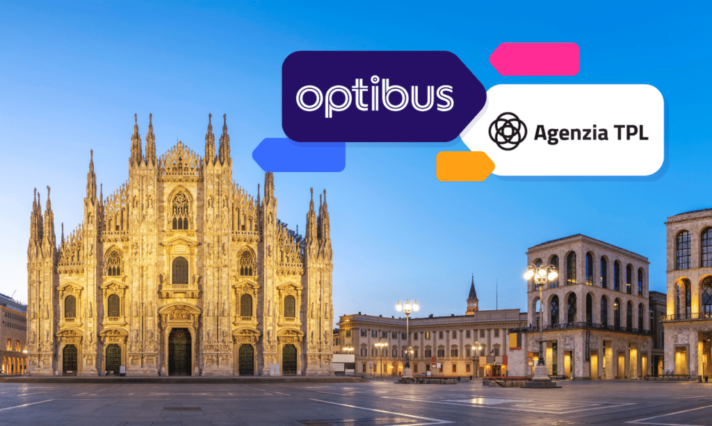 Optibus and Agenzia TPL partner in Milan's Duomo Square, showcasing transit solutions against the iconic Gothic cathedral's illuminated facade at dusk.