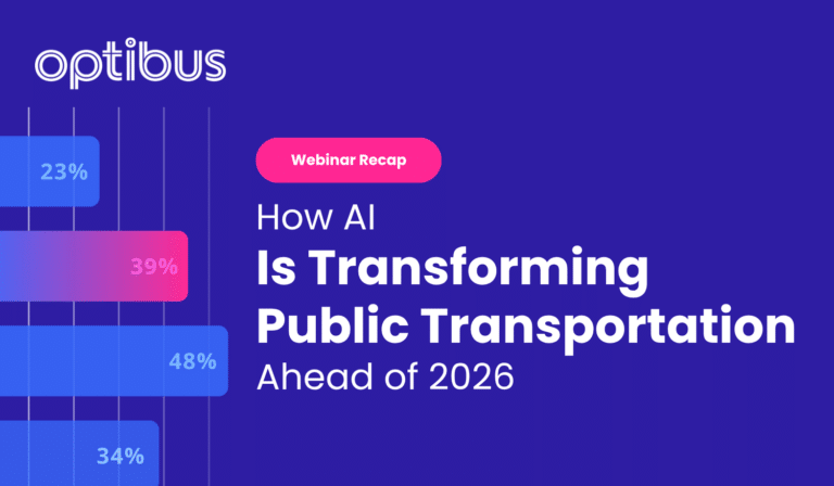 Optibus webinar recap showcasing statistics on AI's transformation of public transportation by 2026, displaying percentage metrics of 23%, 39%, 48%, and 34% on a vibrant blue gradient background.