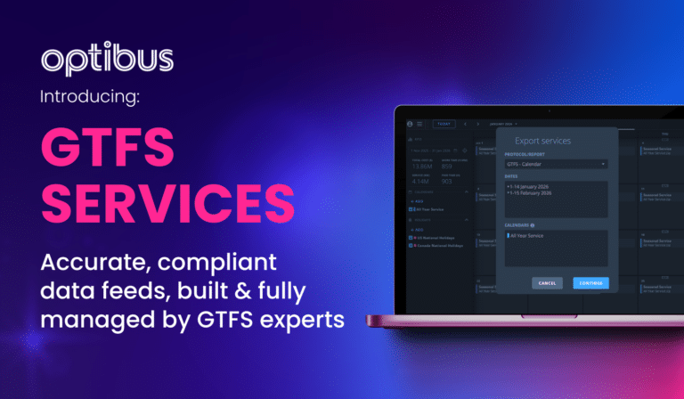 Optibus introduces GTFS Services, offering accurate and compliant data feeds built and managed by GTFS experts, displayed through an export interface on a laptop screen.
