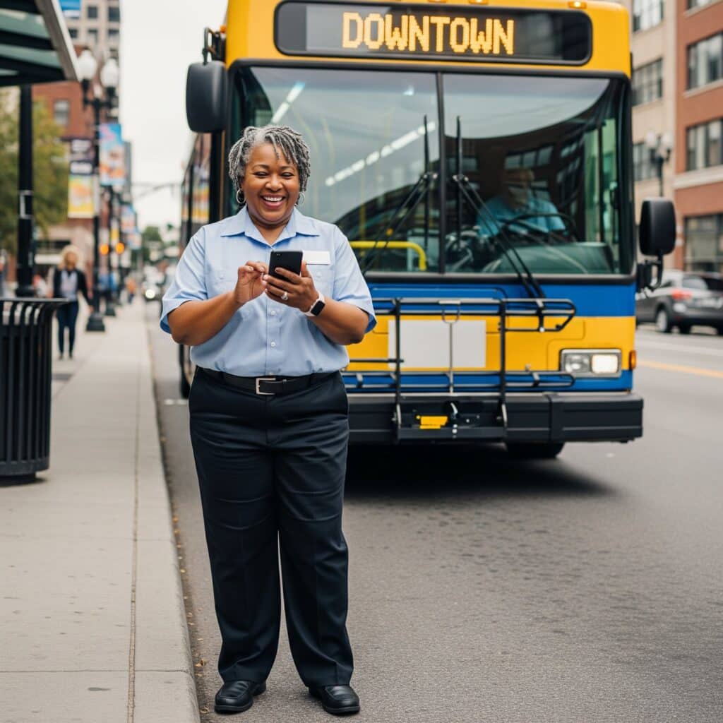 A smiling bus driver in uniform stands on a downtown street holding a smartphone, with a yellow and blue transit bus displaying "DOWNTOWN" in the background.