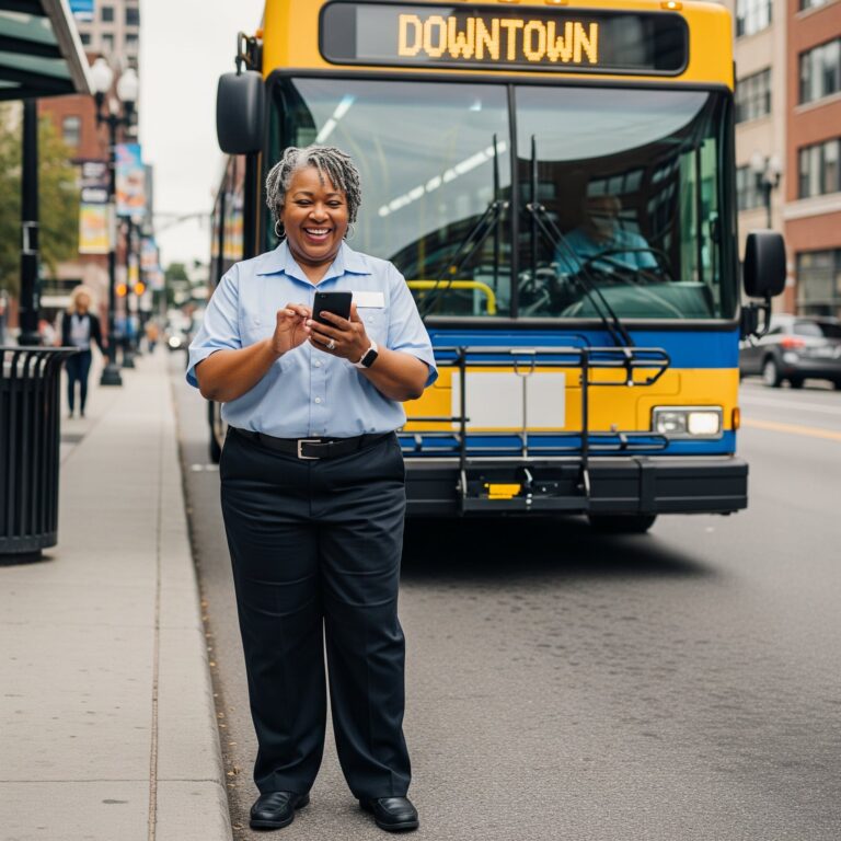 A smiling bus driver in uniform stands on a downtown street holding a smartphone, with a yellow and blue transit bus displaying "DOWNTOWN" in the background.