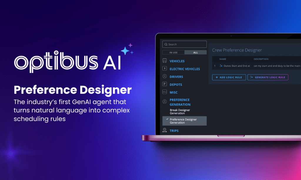 Optibus AI Preference Designer interface showcasing a GenAI agent that converts natural language into complex scheduling rules for fleet management and vehicle operations.