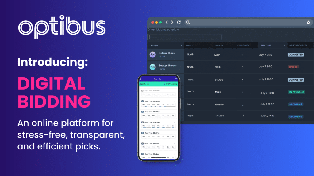 Optibus Digital Bidding platform interface showcasing driver scheduling with real-time roster lines, bid times, and pickup progress tracking for efficient transit operations management.