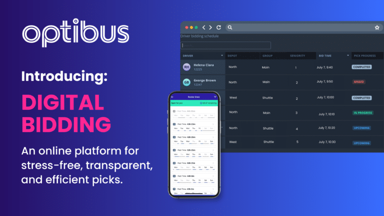 Optibus Digital Bidding platform interface showcasing driver scheduling with real-time roster lines, bid times, and pickup progress tracking for efficient transit operations management.