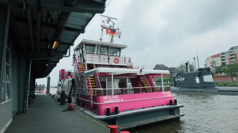 Bright pink passenger ferry Neuland moored at Hamburg dock alongside a submarine museum exhibit, with urban buildings and overcast sky in background.