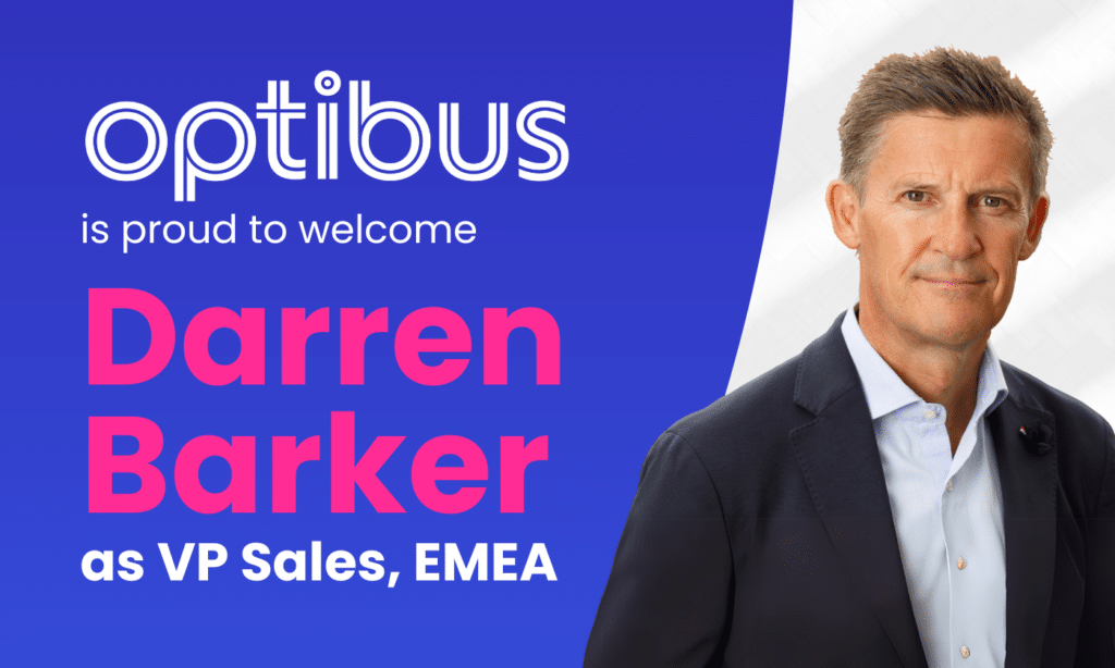 Optibus welcomes Darren Barker as VP Sales for EMEA. The professional headshot shows a man in business attire against a blue and white background.